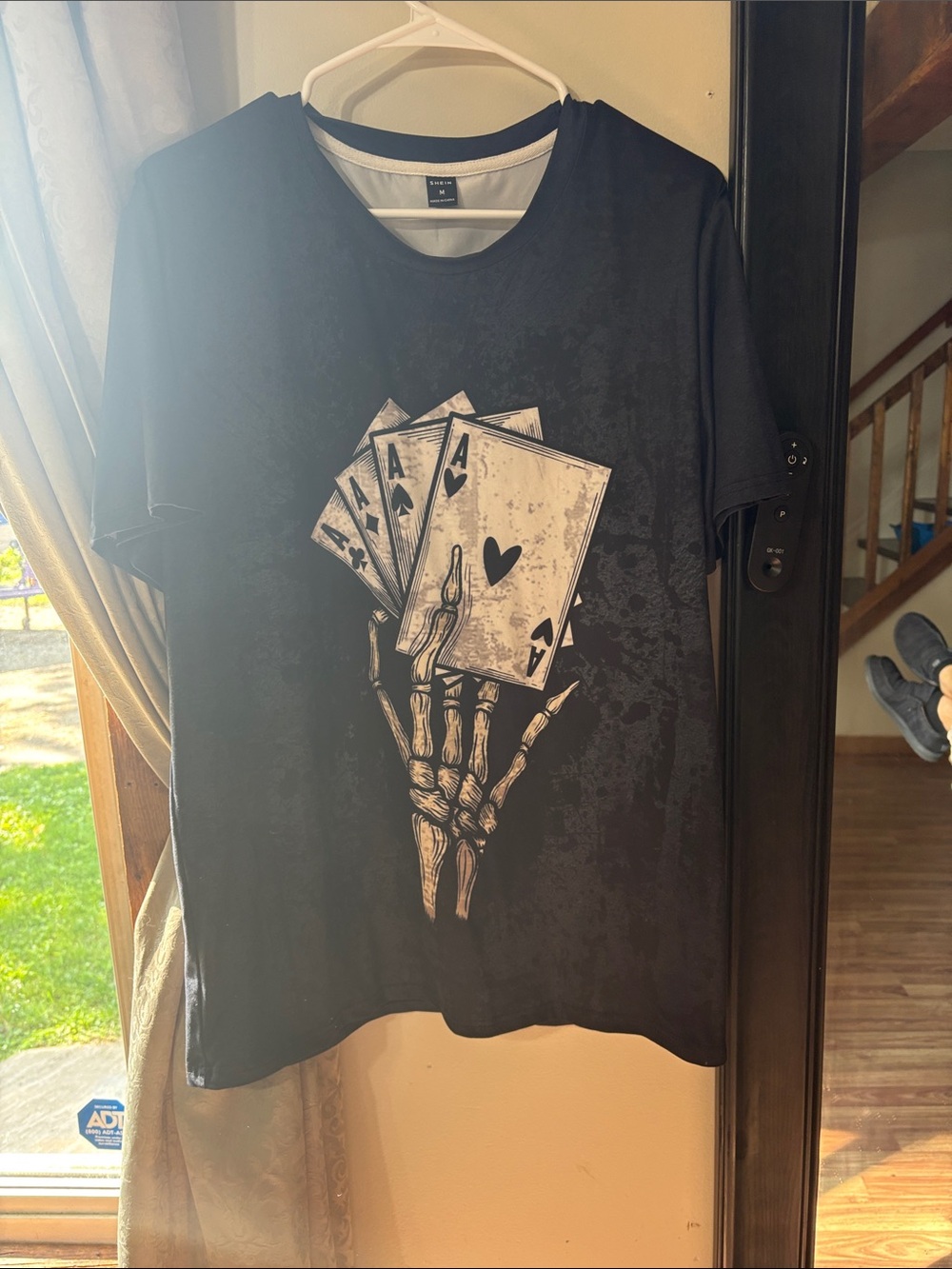 SHEIN Black Short Sleeve Tee with Skeleton Hand & Ace Card Graphic